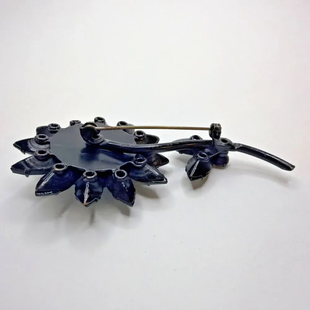 VTG MidCentury Black Rhinestone Flower Brooch Pin Open Back Japanned Daisy AS-IS